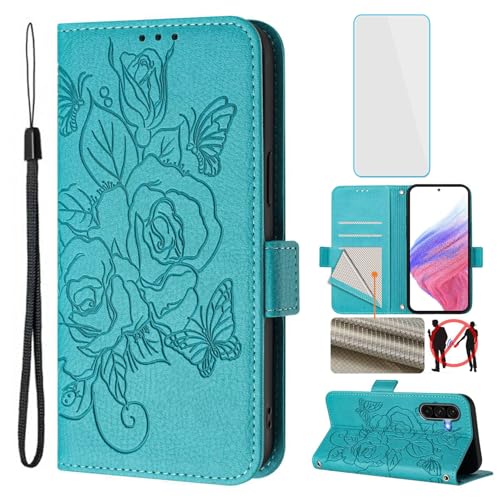 OUEAYIEN for Samsung Galaxy A36 5G Phone Case Wallet with Screen Protecter RFID Blocking Flip Card Slot Women Cell Phone Cover Floral Blutterfly Case for Samsung 36A 5G Galaxy A 36 5G Light Blue