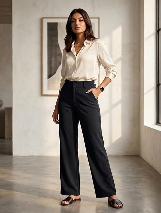 Image of Women Cotton Blend Formal Straight Fit Trousers High Waist Office Wear Pants