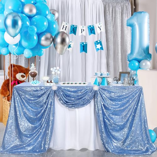 Image of B-COOL Sequin Tablecloth Shimmery Tablecloth Tabletops for Tables Baby Blue Shimmer Table Fabric for Wedding Christmas Birthday Decoration 50x50 Inch
