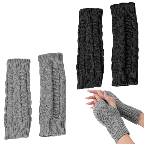 2 Paar Handschuhe Ohne Finger, Fingerkuppen,Fingerspitzen,Fingerlose Damen,Gestrickte Pulswärmer Handstulpen mit Daumenloch,Kinder Strickhandschuhe,Herren Winter,Hand Warmers für Männer Frauen Geeigne