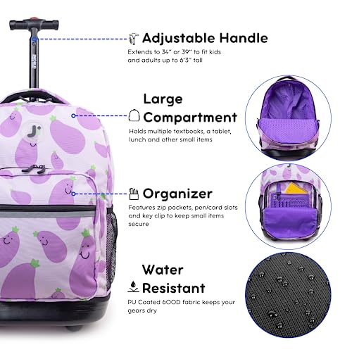 Image of J World Sunrise Kids Rolling Backpack with Wheels for Girls Boys, Roller Bookbag for School, 18 x 13 x 9 Inches, Mr. Eggplant