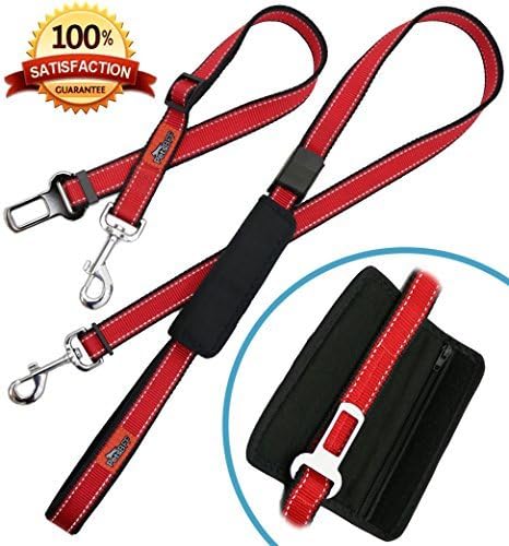 Dog Seat Belt - Premium Adjustable Reflective Pet Leashes - Safety Dog Seatbelt Harness for Car / Vehicles (Red)