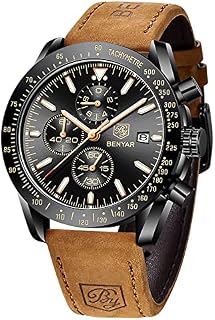 by benyar Watch for Men Men's Watch Chronograph Analogue Quartz Waterproof Business Black Dial Wrist Watch with Leather Strap Gift for Men