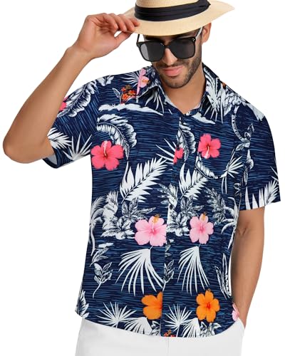 Image of Men Hawaiian Shirt Short Sleeve Summer Beach Button Down Shirts with Pocket