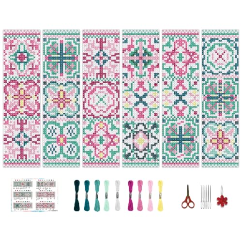 Image of BEUNITONE Cross Stitch Bookmark Kits 6 Pcs Variegated Flowers DIY Bookmarks Cross Stitch Set for Adults Beginners Hand Embroidery Set Traditional Decorative Patterns Craft Kits for Gifts 8''x2.4''
