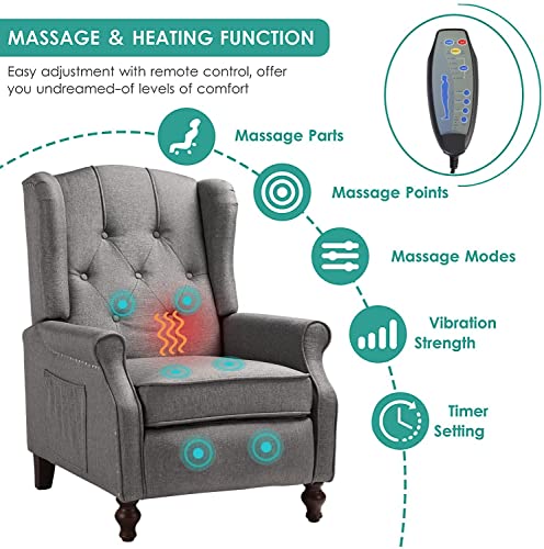 Recliner Chair With Massage & Heating 2Pcs Set- Modern Accent Chair Upholstered Armchair Fabric Single Sofa Lounge Reading Club Chair With Tufted Wingback For Small Spaces Bedroom Living Room #TOP2