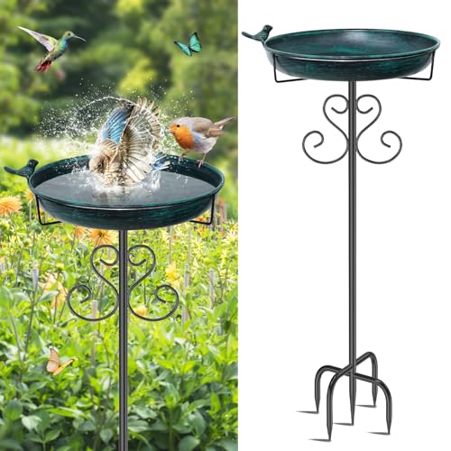 ODSNANIE Metal Bird Bath for Outside, 40 Inch Tall Vintage Freestanding Birdbaths Bowl with Bird Statue, Sturdy 5-Pronged Base Birdfeeder for Outdoors Garden Patio Yard Lawn Decor (Vintage Green)