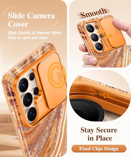 Image of GVIEWIN for Samsung Galaxy S26 Ultra Case, [Slide Camera Cover & Built-in HD Screen Protector] [2 Front Frames] Shockproof Military Grade Protective Marble Phone Case for S26 Ultra 6.9 inch (Amber)