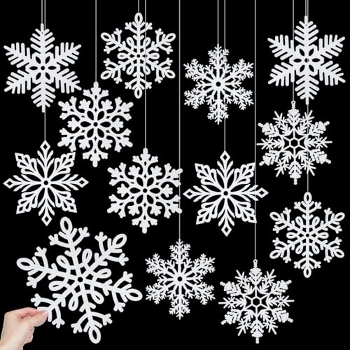 12 Inch Glitter Snowflake Ornaments - Large Plastic White Snowflakes for Indoor/Outdoor Xmas Tree, Window, Door, Wedding, Anniversary, Birthday Home Decorations (12 Pcs)