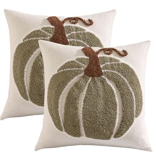 Tosleo Halloween Throw Pillow Covers 18x18 inch Set of 2 Halloween Green Pumpkin Embroidered Pillow Cases Thanksgiving Home Party Pumpkin Fall Decor Pillowcases Square Cushion Covers