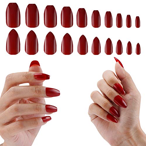 Gel Press On Nails Burgundy, 480PCS Cosics 2IN1 Glossy Wine Red Fake Nails Coffin Ballerina & Ballerina Almond Shape Medium with Box, Full Cover Acrylic False Nail Art Tips with Designs for DIY