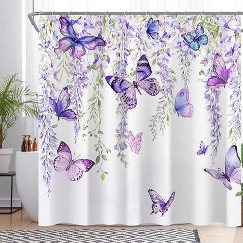 Swepuck Purple Butterfly Shower Curtain for Bathroom Watercolor Rustic Floral Wisteria Nature Plant Home Decorations Sets with 12 Hooks Waterproof Polyester 72