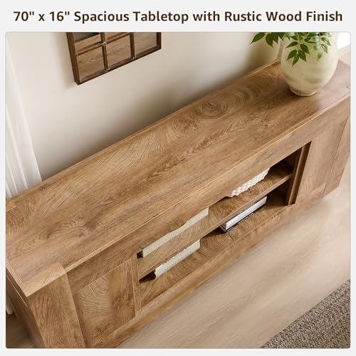 OKD Modern 70\" TV Stand, Entertainment Center for TVs Up to 80\", Media Console with Large Open Storage & Side Cabinets, Thick Wood Design for Living Room, Light Knotty Oak