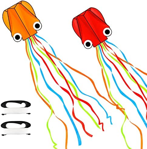 YSBER 2 Pack Large Octopus Kites, 3.8ftx2.3ft 3D Mollusc Octopus Kite with 157 Inch Long Colorful Tail Easy Flyer Kite for Children Adults Beginner Outdoor Beach Park Kite (Red+Orange)