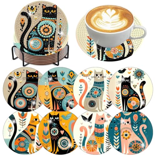 8 Pack Diamond Art Coasters Kit for Adults, Cat Diamond Painting Coasters