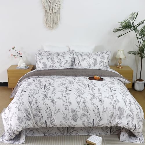 Usfivefam Floral Duvet Cover Queen, Gray Floral Printed Duvet Cover Pattern Comforter Cover Queen, 3Pcs Reversible Botanical Garden Style Cute Duvet Cover for Queen Size Bed(No Comforter)
