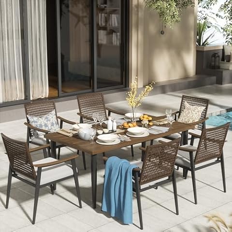NATURAL EXPRESSIONS 7 Piece Patio Dining Table Outdoor Furniture Set, 6 Rattan Wicker Chairs with Cushions and 70” Large Dining Table with 1.65'' Umbrella Hole for Patio, Garden, Porch, Pool Beige Cover