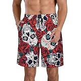 Anceky Bañador de Playa para Hombre, Transpirable, con Bolsillos, diseño de Calavera con Rosas Rojas