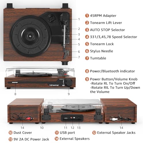 Vinyl Record Player with External Speakers BT 5.3 Wireless Turntable Portable with 3 Speed USB Vintage Wooden Coffee by Udreamer - Used condition - Image 5
