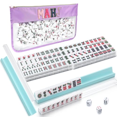 Arrowbash Mini American Mahjong Set Includes 166 White Tiles, 8 Rack with Pushers 0.8 Inch Mahjong Tile Set with PVC Carrying Bags