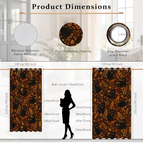 Rideaux occultants salon chambre chat fleurs feuilles orange 106x114 - 4