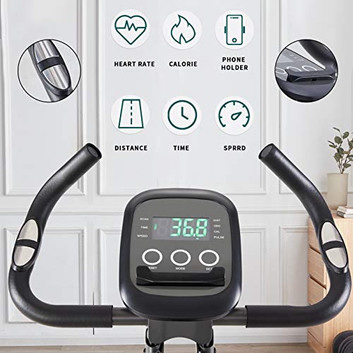 UMAY Foldable Exercise Bike with 8-levels Magnetic Resistance, Folding Stationary Exercise Bike with Arm Workout, Pulse Sensor, Transport Wheels, Slim Cycle Workout Bike for Home