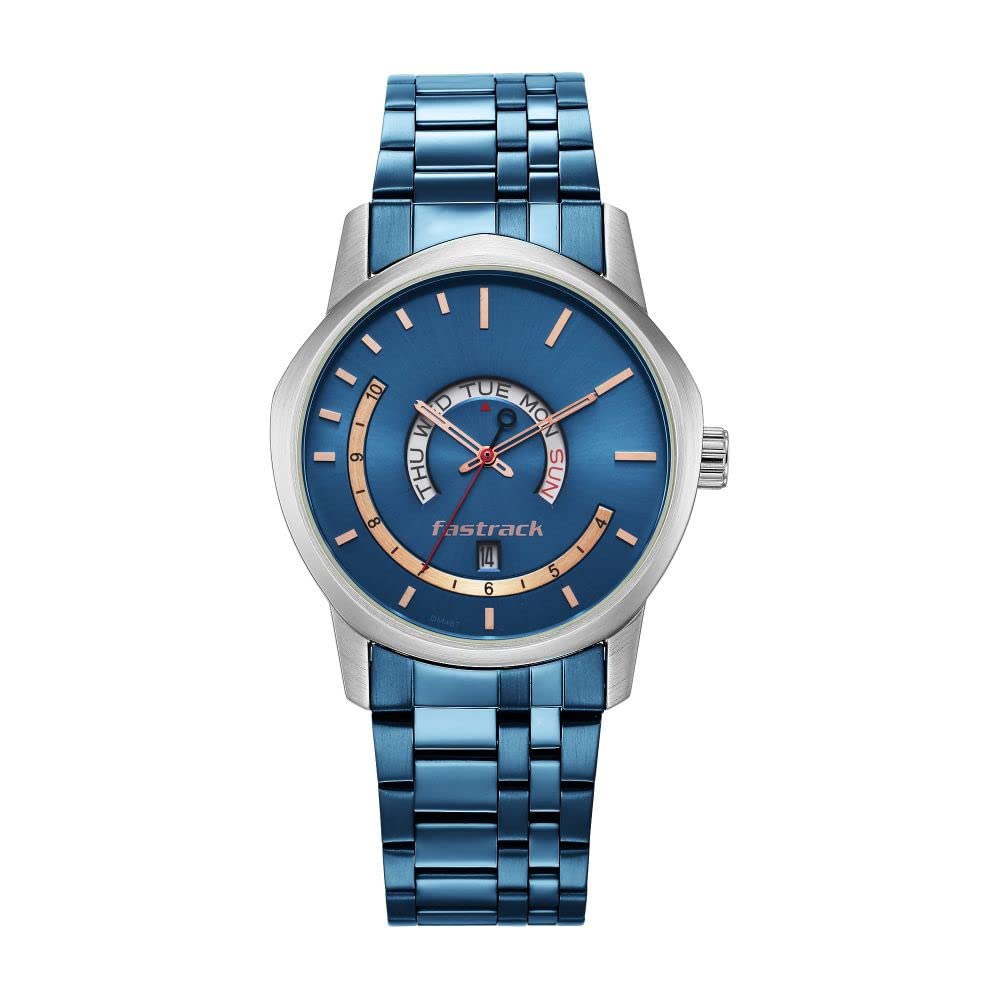 Fastrack Mens Exuberant Quartz Analog with Day and Date Blue Dial Metal Strap Watch for Guys-NR3279KM01