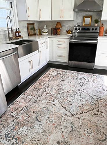 Kemer Collection Machine Washable Hallway Kitchen Runner Rug - Vintage Distressed Faded - Traditional Boho Bohemian Farmhouse Bordered Carpet - Pet Friendly - Brown, Beige, Cream - 2'7" X 7'3" #TOP3