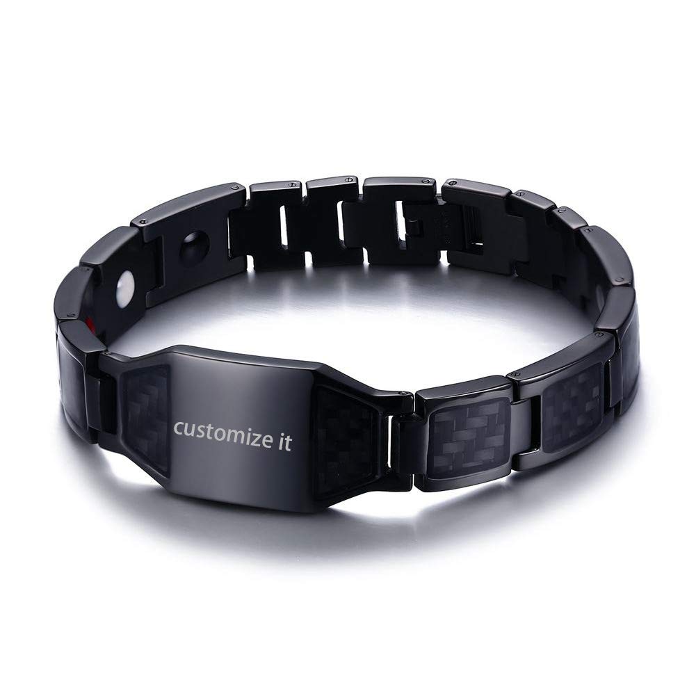 JewelryWe Bracelet Homme Personnalié Magnétique: Bracelet Prénom Personnalisable en Acier Inoxydable et Fibre de Carbone avec Gravure Laser 21.5 Centimètres - Cadeau Noël Anniversaire