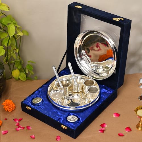 Image of Jaipur Ace Premium Silver Plated Pooja Thali Set in Velvet Box |Decorative Diwali Gift Set with Ritual Compartments, Glass Lid Display & Gold Clasps for Sacred Celebrations