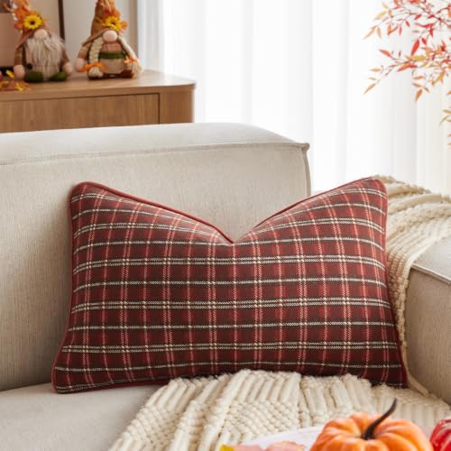 Kevin Textile Fall Plaid Pillow Cover 12x20 Inch with Piping, Burnt Brick