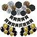 Price comparison product image Recosis Happy Birthday Banner, Birthday Bunting Paper Garland with 12pcs Tissue Paper Pom Poms and 20pcs Balloons for Birthday Party Decorations - Black, Gold and Silver