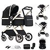 Shineey 3 in 1 Baby Stroller with Height Adjustable Handle,3 in 1 Prams Travel System, Lightweight Foldable Pushchair, Prams with Aluminum Frame for Portable Baby Carriage (U9-X//Black, U9-X)
