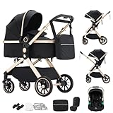 Shineey 3 in 1 Baby Stroller with Height Adjustable Handle,3 in 1 Prams Travel System, Lightweight Foldable Pushchair, Prams with Aluminum Frame for Portable Baby Carriage (U9-X//Black, U9-X)