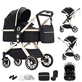 Shineey 3 in 1 Baby Stroller with Height Adjustable Handle,3 in 1 Prams Travel System, Lightweight Foldable Pushchair, Prams with Aluminum Frame for Portable Baby Carriage (U9-X//Black, U9-X)