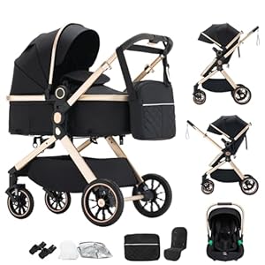 Shineey Kinderwagen 3 in 1, Alltags Buggy Faltbarer Kinderwagen Set, Kombikinderwagen 3 in 1 mit Großer Bequemer Babywanne, Laufwagen Rahmen Aluminiumlegierun (U9-X//BLACK, U9-X)