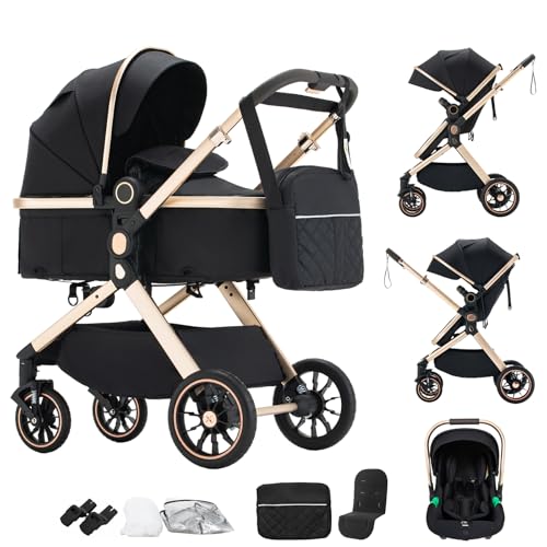 Shineey Kinderwagen 3 in 1, Alltags Buggy Faltbarer Kinderwagen Set, Kombikinderwagen 3 in 1 mit Großer Bequemer Babywanne, Laufwagen Rahmen Aluminiumlegierun (U9-X//BLACK, U9-X)