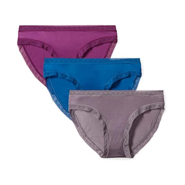 Amazon-Brand-Mae-Womens-Smooth-Microfiber-Bikini-Underwear-3-Pack Amazon Brand - Mae Women's Soft Microfiber Bikini Panty with Lace, 3 Pack,Deep Ocean/Charcoal Grey/Plum,Small