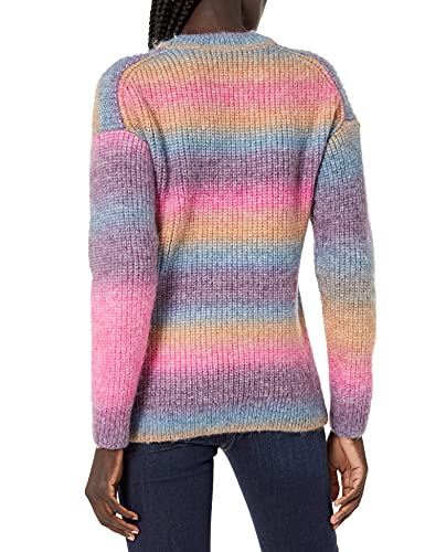 Image of Cable Stitch Women's Ombre Space-Dyed Crewneck Sweater - Long Sleeve Color Block Rainbow Striped Pullover Top