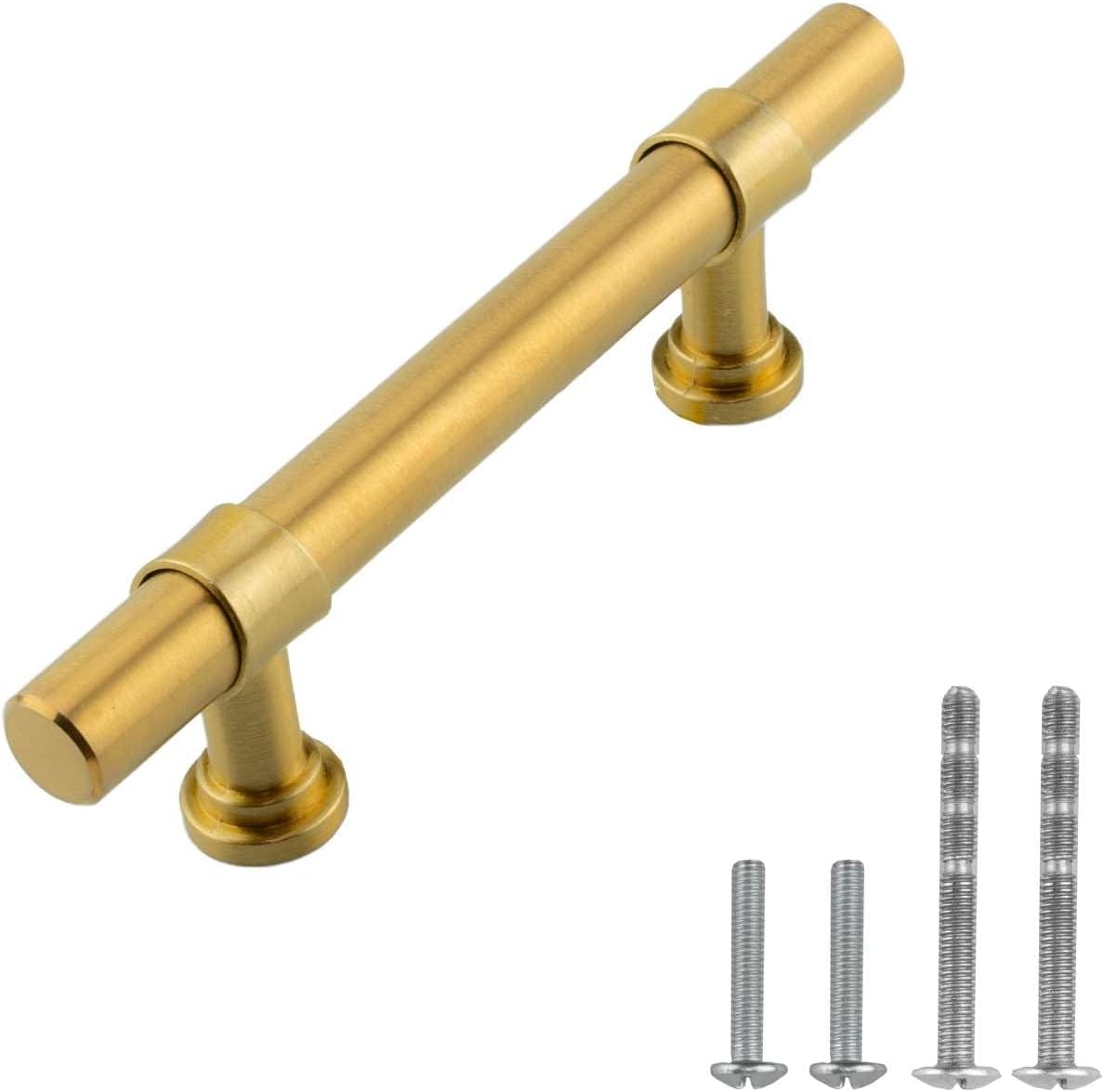 Modket 10 Pack Brushed Gold Satin Brass T Bar Cabinet Handle 304 Stainless Steel — 5" Overall Length, 3" (76mm) Hole Center, Cabinet Door Drawer Hardware/Dresser