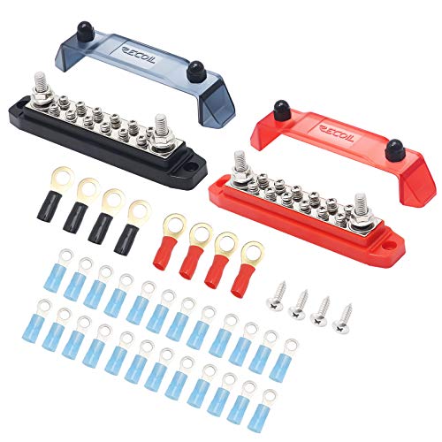 Recoil BB212P Bus Bar 2 x 5/16â€ Studs and 12 x #8 Screw Terminals Power Distribution Block Busbar with Ring Terminals Pair Red & Black