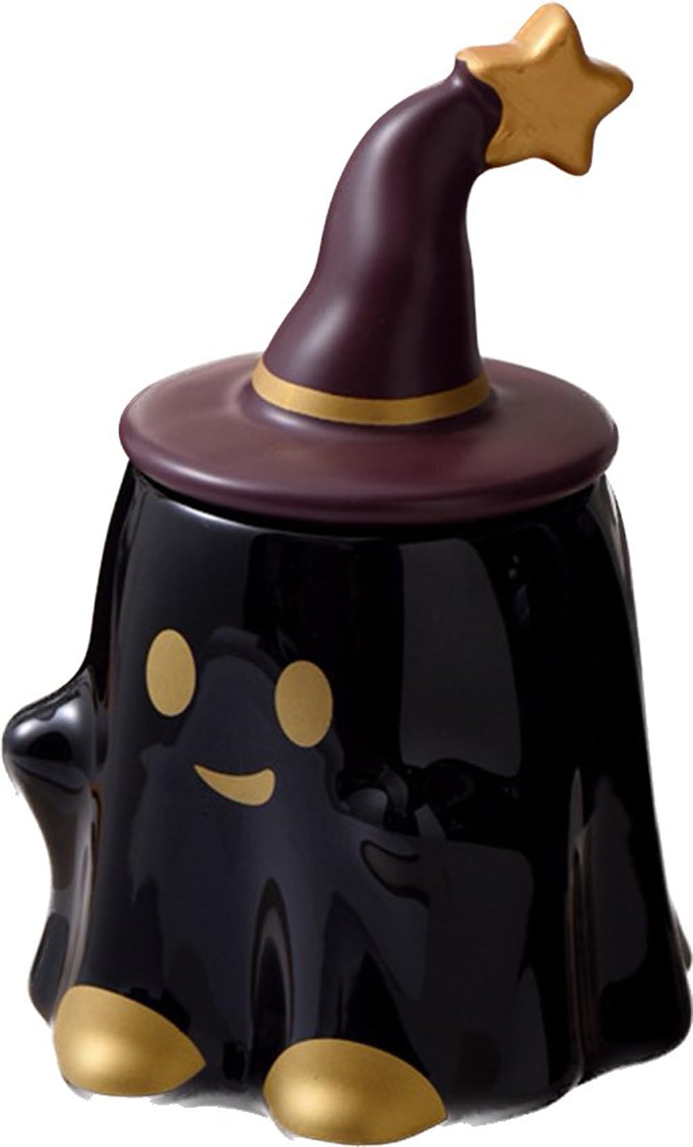 KKGUD Novelty Tea Cup, Ceramic 11oz Halloween Coffee Mug with Lid- Friendly Ghost (Black), Friendly Ghost- Black, Normal