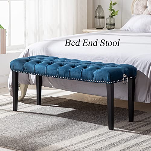 Duomay Modern Upholstered Tufted Bench Ottoman W/Ring Pull, Velvet Dining Bench Bedroom Bench W/Nailhead Trim Footrest Stool Accent Bench For Entryway Dining Room Living Room, Blue #TOP7