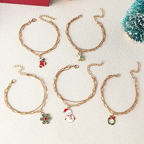 Image of WLLAY Dainty Gold-Tone Layered Paperclip Link Chain Bracelets Snowflake /Deer /Snowman /Wreath Bracelet Christmas Ornament Accessories