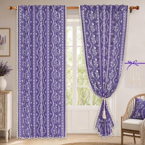 Image of Yinhua Boho Curtains for Living Room 84 Inch Length Vintage Linen Curtains for Bedroom Light Filtering Window Curtain Rod Pocket & Back Tabs Rustic Tassel Drapes with Tiebacks, Purple