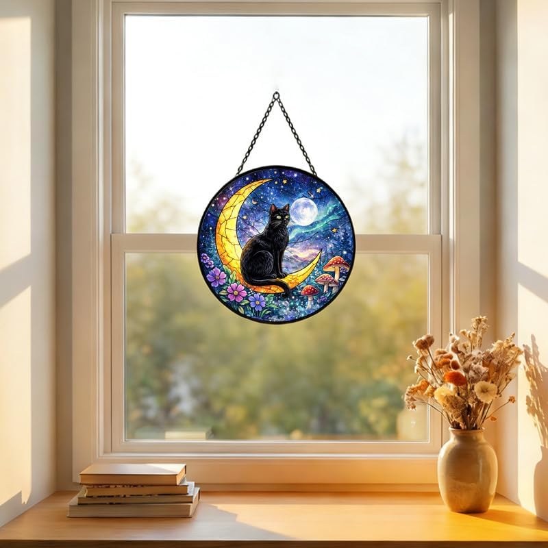Stained Glass Window Hanging Suncatcher 11.8 in Black Cat on Crescent Moon Colorful Glass Panel Sun Catcher for Window， Window Hanging Decor for Home， Housewarming Gift161