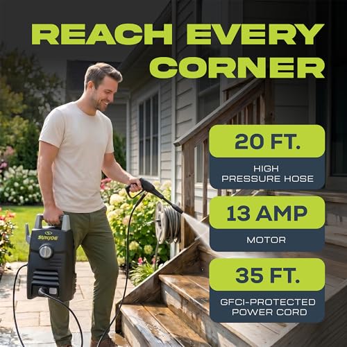 Image of Sun Joe Electric Pressure Washer with Powerful Motor for Cars /Fences /Patios /All Uses, Safety First GFCI Power Cord, Adjustable Spray Wand & Total Stop System, 20-Foot Hose, Black, SPX205E-XT