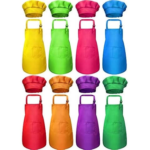 8 Stück Kinder Schürze und 8 Stück Kochmütze Set Kinderschürze Cover