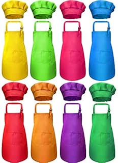 8 Pieces Kids Apron and 8 Pieces Chef Hat Set Kids Apron with 2 Pockets Children Adjustable Chef Apron and Hats for Boys Girl's Kitchen Cooking Baking Painting Wear(Multi-Color,S for 2-6 Age)