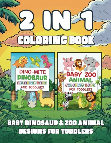 2 in 1 Coloring Books: Baby Dinosaur & Zoo Animals: 50 Cute, Bold & Easy Coloring Pages + 50 Funny Jokes For Boys & Girls | Toddlers and Preschool Kids image 2